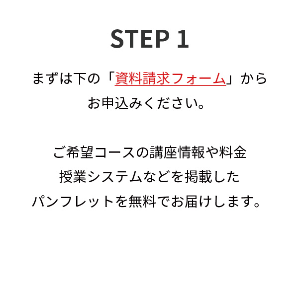 STEP1,まずは下の「資料請求フォーム」からお申込みください。ご希望コースの講座情報や料金授業システムなどを掲載したパンフレットを無料でお届けします。